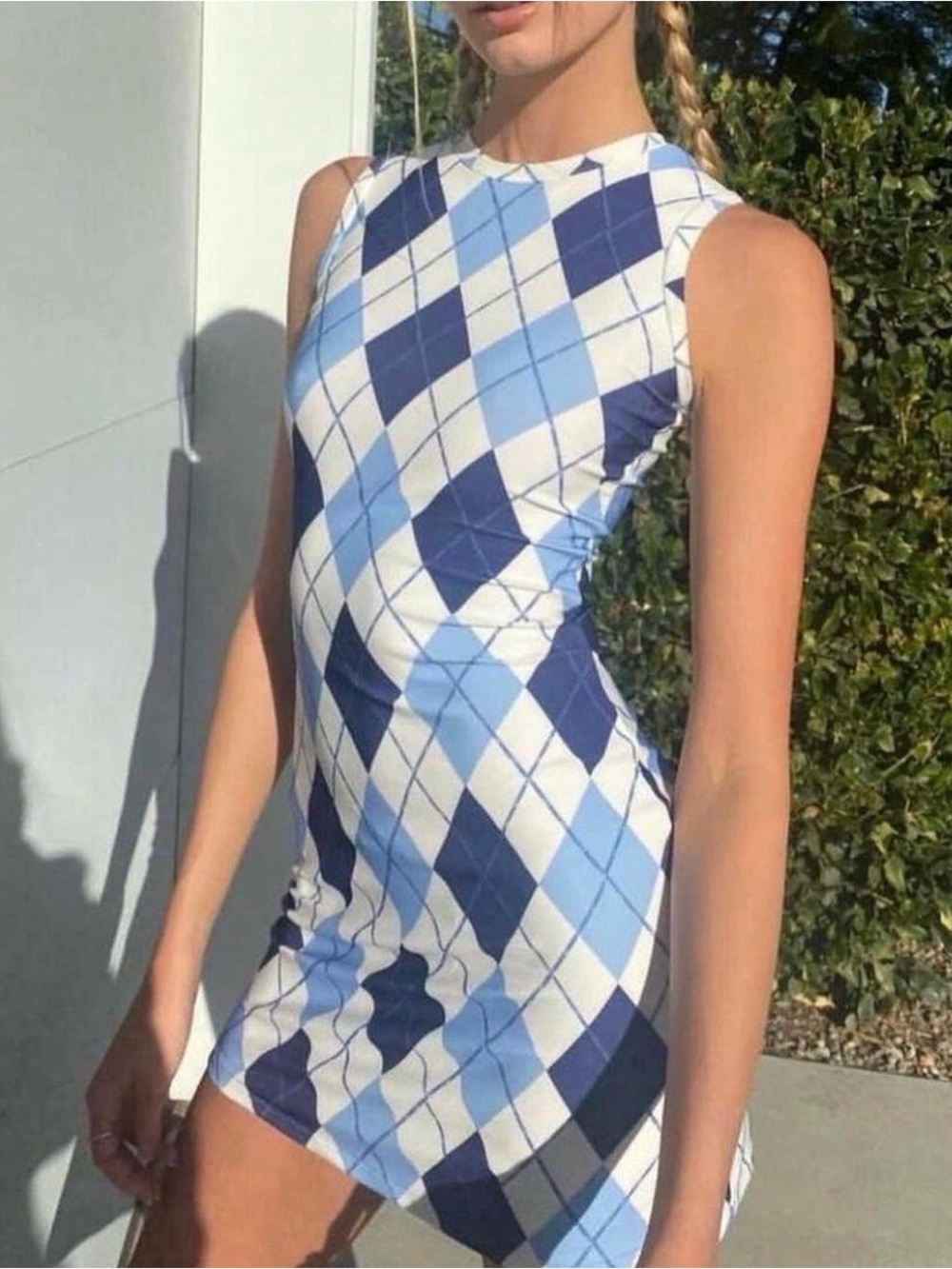 O-Mighty Blue Argyle Sleeveless Bodycon Mini Dress – Size M Aesthetic Preppy Y2K